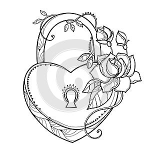 Vector drawing of lock heart with outline ornate roses, leaf and bud in black isolated on white background.