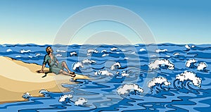 Vector drawing. A man on the shore after a shipwreck