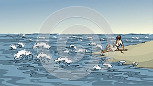 Vector drawing. A man on the shore after a shipwreck