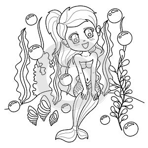 Vector drawing mermaid. Fairy tale mythical characters illustration. Cute little mermaid with outline for coloring page.