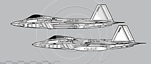 Lockheed Martin F-22 Raptor. Vector drawing of modern stelth fighter. Image for illustration and infographics