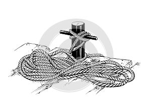 Vector drawing of mooring rope in black color, isolated on white background. Graphic illustration, hand drawing. Drawing