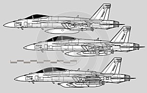 Boeing F-18E Super Hornet. Vector drawing of navy multirole fighter. Image for illustration and infographics