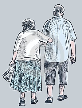 Vector drawing of old spouses walking outdoors together on summer day