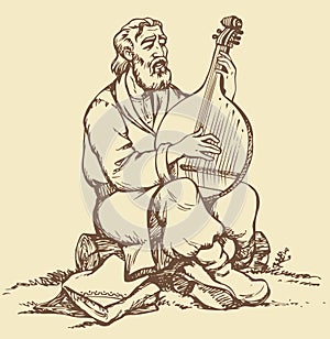 Vector drawing. Old Ukrainian musician plays the b