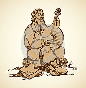 Vector drawing. Old Ukrainian musician plays the bandura