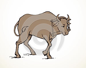 Vector drawing. Old wooden yoke on the cow