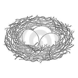 Vector drawing of outline bird nest from branch with three eggs in black isolated on white background. Bird house, family symbol.