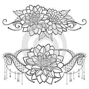 Vector drawing of outline Dahlia or Dalia flower bunch, lace and swirls in black isolated on white background. Floral tattoo. photo
