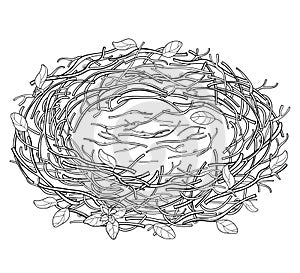 Vector drawing of outline empty bird nest from branch in black isolated on white background. Bird house and family symbol.