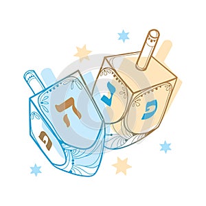 Vector drawing with outline Hanukkah or Hanuka dreidel or sevivon with Hebrew alphabet in blue and pastel beige isolated on white.