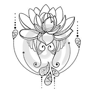 Vector drawing with outline Lotus flower, decorative lace and swirls in black