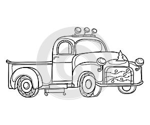 Vector drawing of outline vintage old pickup truck with Christmas tree garland in black isolated on white background.