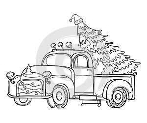 Vector drawing of outline vintage old pickup truck with Christmas tree and garland in black isolated on white background.