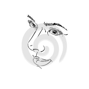 Vector drawing of pensive woman thinking about something. Black