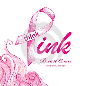 Vector drawing with pink ribbon and dotted pink swirls isolated on white background. Elegance design for health campaign.