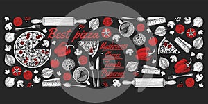 Vector drawing, pizza, table, organic food ingredients. Hand drawn pizza illustration. Great for menu, poster or label.