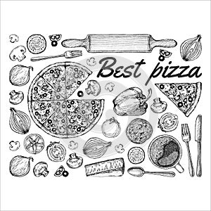 Vector drawing, pizza, table, organic food ingredients. Hand drawn pizza illustration. Great for menu, poster or label.