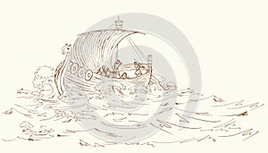 Vettore disegno. marinai sul nave tempesta 