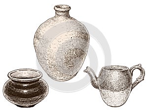 Vector drawing set of different ceramic kitchen utensils