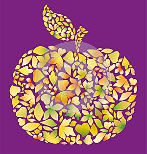 Vector drawing of silhouette abstract colorful ripe apple from decorative autumn leaves
