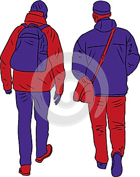 Vector drawing of silhouettes casual townsmen walking along street