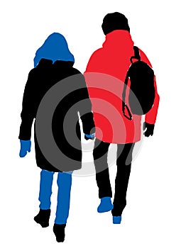 Vector drawing of silhouettes couple citizens walking along street together