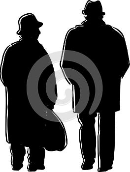 Vector drawing of silhouettes elderly couple walking on a stroll