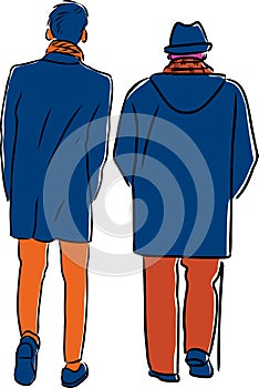 Vector drawing of silhouettes old man and his grandson walking along street
