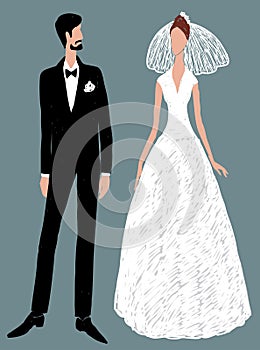 Vector drawing of silhouettes young bride and groom