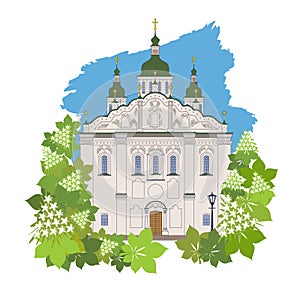 Vector drawing of the St. Cyril Church in Kyiv and blooming chestnut trees in spring