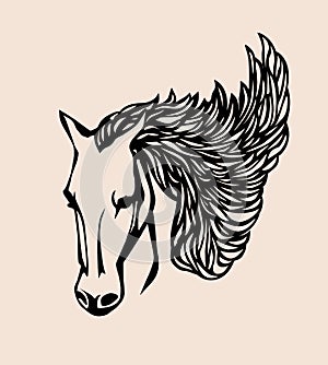 Head horse vector.Vector silhouette stencil horse head with lace developing mane on beige background .Arabian horse.