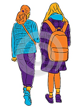Vector drawing of students girls going along street