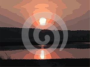 Vector Drawing of sunset over tree line and river with reflections