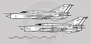 Mikoyan MiG-21 Fishbed. Vector drawing of supersonic tactical fighter. Image for illustration and infographics photo