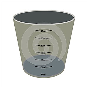 A vector drawing of a thirty milliliter measuring cup showcases the sleek contours and functional design