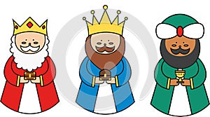 Vector drawing of the Three kings Melchior, Gaspar, Balthazar. With gifts for baby Jesus.