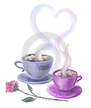 Vector drawing of two cups with hot coffee and rose flower