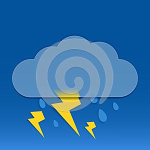 Vector drawing. Weather icon with cloud in style glass morphism, lightning and raindrops on blue background.