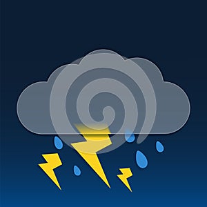 Vector drawing. Weather icon with cloud in style glass morphism, lightning and raindrops on dark background.