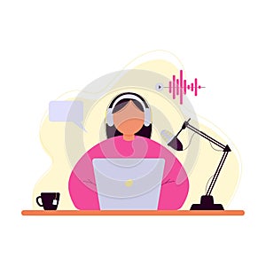Vector drawing, woman recording audio podcast, isolated on white background. Interview, radio, podcast, online show