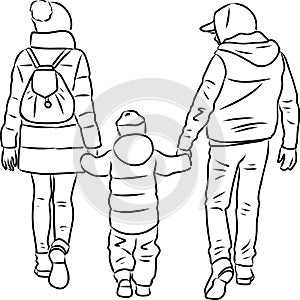 Vector drawing of young parents with their child walking on a stroll