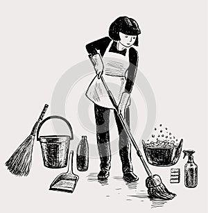 Vector drawing of a young woman with different cleaning products washes the floor