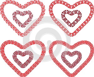 Vector drawings of decorative heart shapes from meanders ornaments