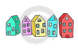 Vector drawings of five cute houses. City multistorey houses.