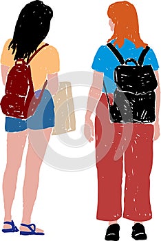 Vector drawings of two students girls outdoors on summer day