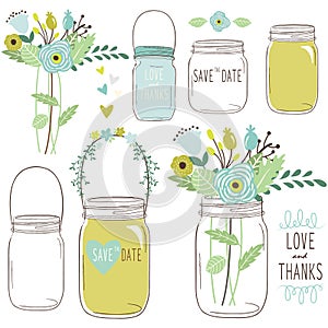 Vector drawings of wedding jars and flowers