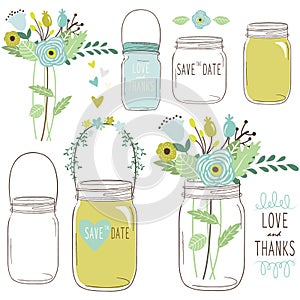 Vector drawings of wedding jars and flowers photo