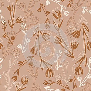 Vector drawn beige brown floral seamless pattern