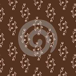 Vector drawn beige flowers brown seamless pattern